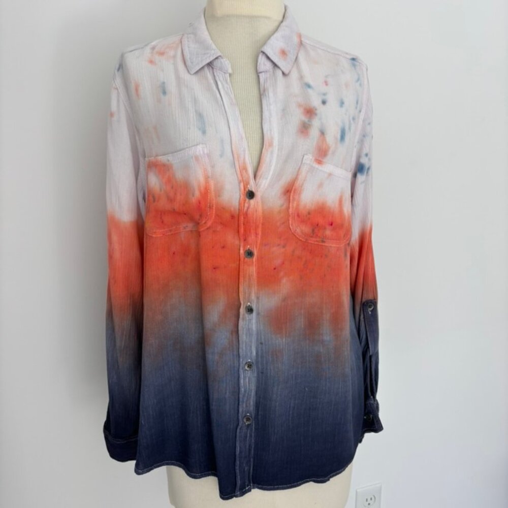 Women's Button-Up Blouse Tri Color Pattern Lightweight Long Sleeve